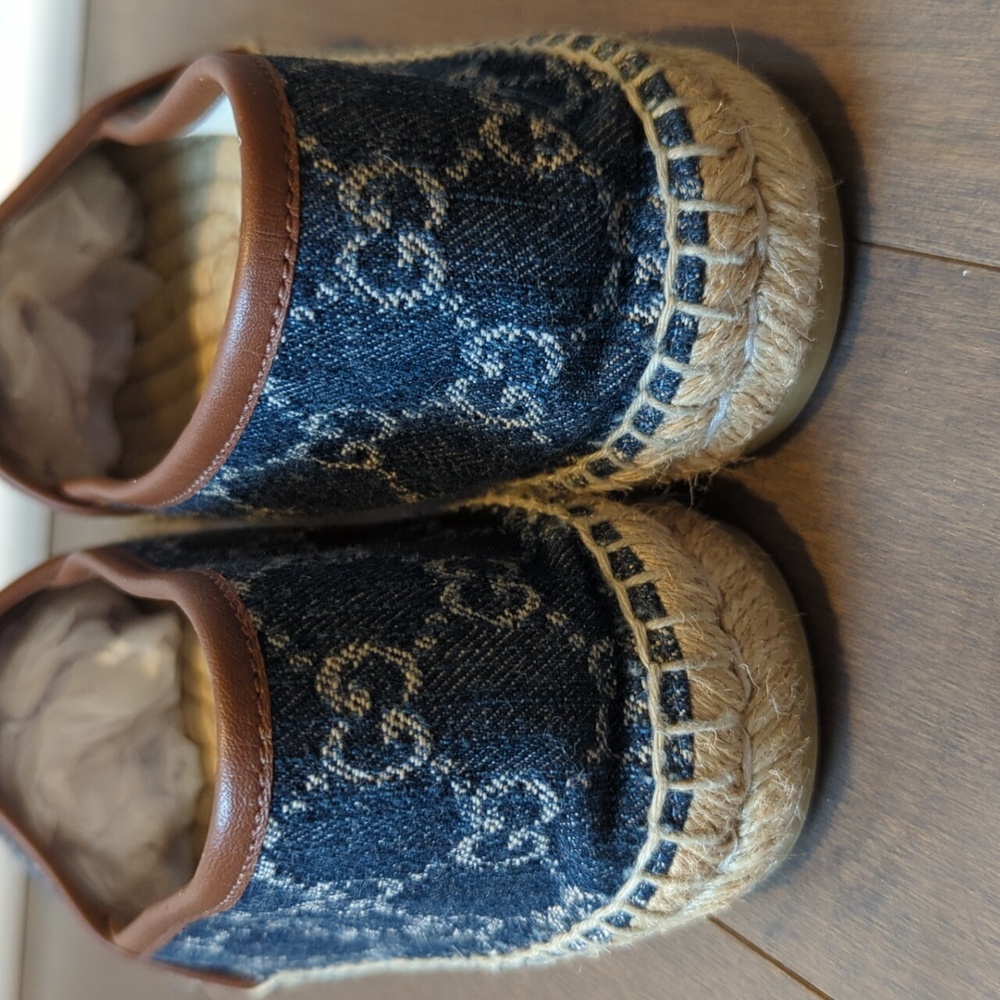 Gucci Blue Denim Monogram Espadrilles with Brown Trim - Picture 5 of 13